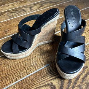 Jimmy Choo Leather Espadrilles, Black/Jute/Cork, Women’s US Size 8.5 (IT 38.5)